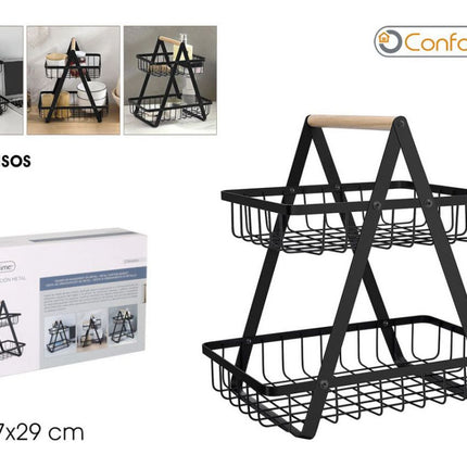 Confortime Cesta de Ordenación Metálica Multiusos de 2 Niveles, Organizador de Metal con Asa de Madera, para Cocina, Baño, Oficina y Escritorio, 27 x 17 x 29 cm