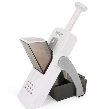 Quttin Mandolina de Cocina 4 en 1 Multifunción con Empujador y Contenedor, Cortador de Verduras con Cuchillas de Acero Inoxidable, 14,5 x 14,5 x 33 cm