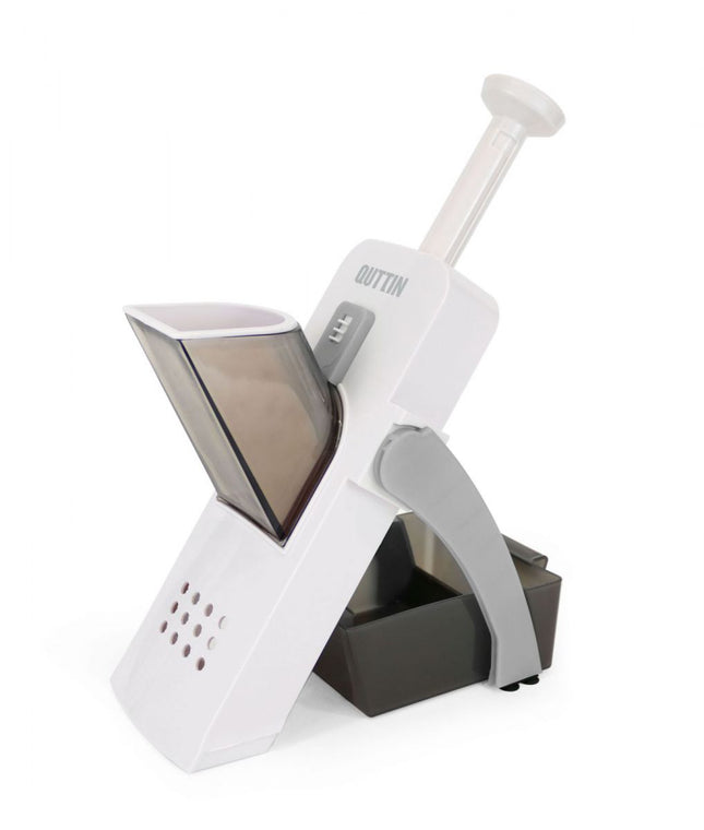 Quttin Mandolina de Cocina 4 en 1 Multifunción con Empujador y Contenedor, Cortador de Verduras con Cuchillas de Acero Inoxidable, 14,5 x 14,5 x 33 cm