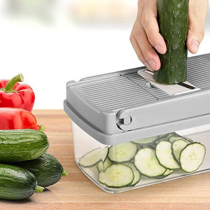 Quttin Cortador de Verduras Multifunción 8 en 1 Mandolina Cocina con Recipiente | Picadora Manual Rallador Rebanador Patatas Zanahoria Cebolla