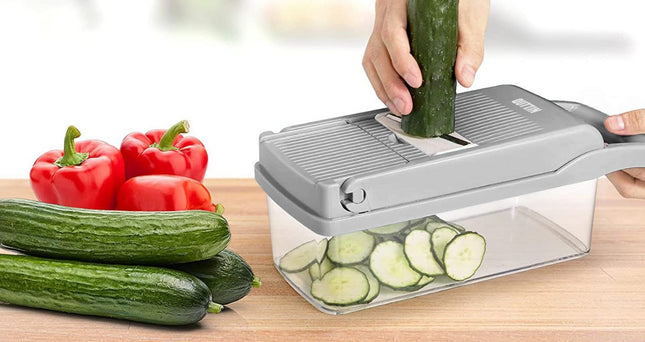 Quttin Cortador de Verduras Multifunción 8 en 1 Mandolina Cocina con Recipiente | Picadora Manual Rallador Rebanador Patatas Zanahoria Cebolla