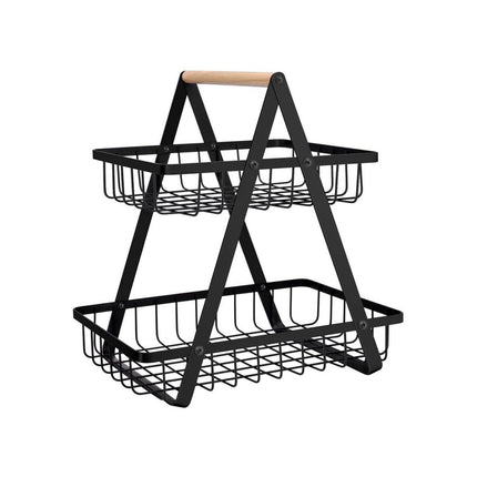 Confortime Cesta de Ordenación Metálica Multiusos de 2 Niveles, Organizador de Metal con Asa de Madera, para Cocina, Baño, Oficina y Escritorio, 27 x 17 x 29 cm