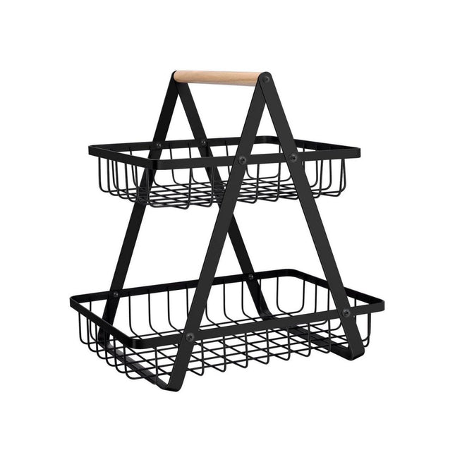 Confortime Cesta de Ordenación Metálica Multiusos de 2 Niveles, Organizador de Metal con Asa de Madera, para Cocina, Baño, Oficina y Escritorio, 27 x 17 x 29 cm