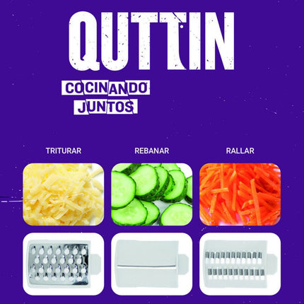 Quttin Cortador de Verduras Multifunción Manual con Manivela, 3 Funciones en 1, Rebanador Rallador y Triturador con Base Antideslizante y Ventosa, 6 Tambores Intercambiables + Cepillo, 21,5 x 14,6 x 28,2 cm