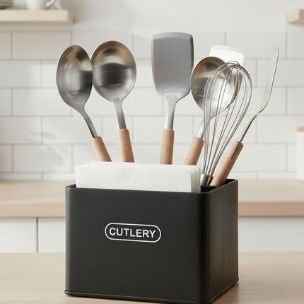 Organizador de Cubiertos y Servilletas de Metal, Porta Cubiertos de Cocina con Compartimentos, Organizador de Encimera, 18 x 15,7 x 13,5 cm