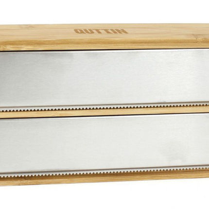QUTTIN Dispensador de Bambú para Papel de Aluminio y Film Transparente, Organizador de Cocina con Cortador de Acero Inoxidable, 33,5 x 13 x 5,5 cm