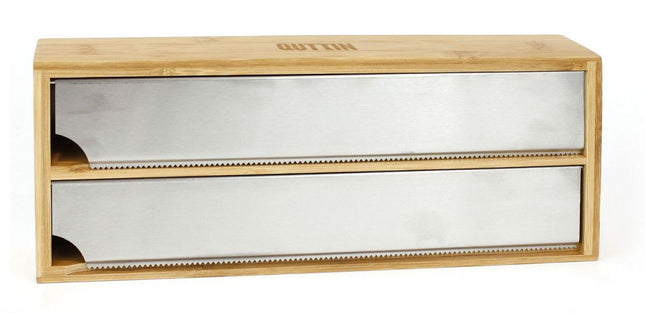 QUTTIN Dispensador de Bambú para Papel de Aluminio y Film Transparente, Organizador de Cocina con Cortador de Acero Inoxidable, 33,5 x 13 x 5,5 cm