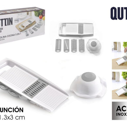 Quttin Mandolina de Cocina 5 en 1 Multifunción con Cuchillas Intercambiables y Protector de Manos, Acero Inoxidable, 28 x 11,3 x 3 cm