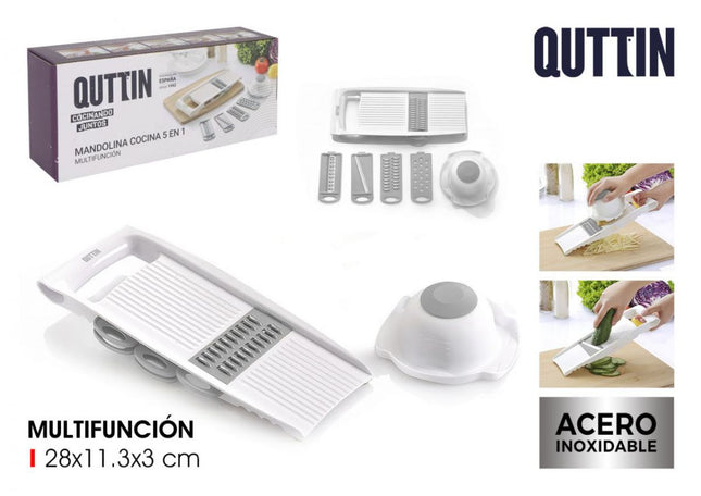 Quttin Mandolina de Cocina 5 en 1 Multifunción con Cuchillas Intercambiables y Protector de Manos, Acero Inoxidable, 28 x 11,3 x 3 cm