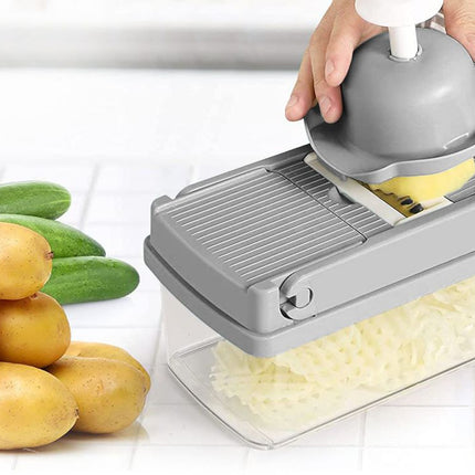 Quttin Cortador de Verduras Multifunción 8 en 1 Mandolina Cocina con Recipiente | Picadora Manual Rallador Rebanador Patatas Zanahoria Cebolla