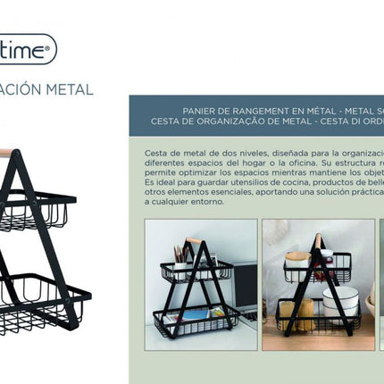 Confortime Cesta de Ordenación Metálica Multiusos de 2 Niveles, Organizador de Metal con Asa de Madera, para Cocina, Baño, Oficina y Escritorio, 27 x 17 x 29 cm