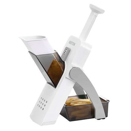 Quttin Mandolina de Cocina 4 en 1 Multifunción con Empujador y Contenedor, Cortador de Verduras con Cuchillas de Acero Inoxidable, 14,5 x 14,5 x 33 cm