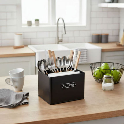 Organizador de Cubiertos y Servilletas de Metal, Porta Cubiertos de Cocina con Compartimentos, Organizador de Encimera, 18 x 15,7 x 13,5 cm