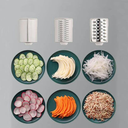 Quttin Cortador de Verduras Multifunción Manual con Manivela, 3 Funciones en 1, Rebanador Rallador y Triturador con Base Antideslizante y Ventosa, 6 Tambores Intercambiables + Cepillo, 21,5 x 14,6 x 28,2 cm