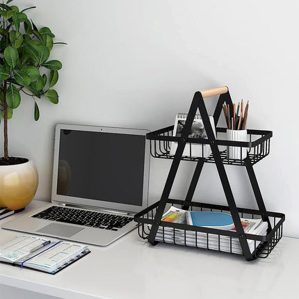 Confortime Cesta de Ordenación Metálica Multiusos de 2 Niveles, Organizador de Metal con Asa de Madera, para Cocina, Baño, Oficina y Escritorio, 27 x 17 x 29 cm