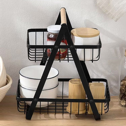 Confortime Cesta de Ordenación Metálica Multiusos de 2 Niveles, Organizador de Metal con Asa de Madera, para Cocina, Baño, Oficina y Escritorio, 27 x 17 x 29 cm