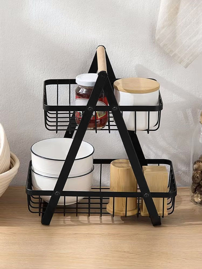 Confortime Cesta de Ordenación Metálica Multiusos de 2 Niveles, Organizador de Metal con Asa de Madera, para Cocina, Baño, Oficina y Escritorio, 27 x 17 x 29 cm