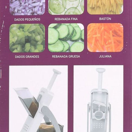 Quttin Mandolina de Cocina 4 en 1 Multifunción con Empujador y Contenedor, Cortador de Verduras con Cuchillas de Acero Inoxidable, 14,5 x 14,5 x 33 cm