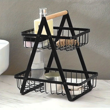 Confortime Cesta de Ordenación Metálica Multiusos de 2 Niveles, Organizador de Metal con Asa de Madera, para Cocina, Baño, Oficina y Escritorio, 27 x 17 x 29 cm