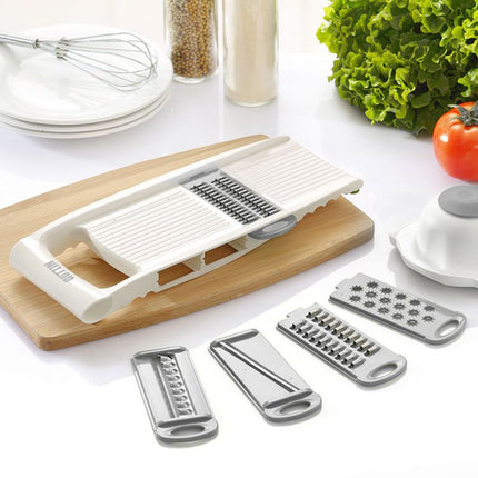 Quttin Mandolina de Cocina 5 en 1 Multifunción con Cuchillas Intercambiables y Protector de Manos, Acero Inoxidable, 28 x 11,3 x 3 cm