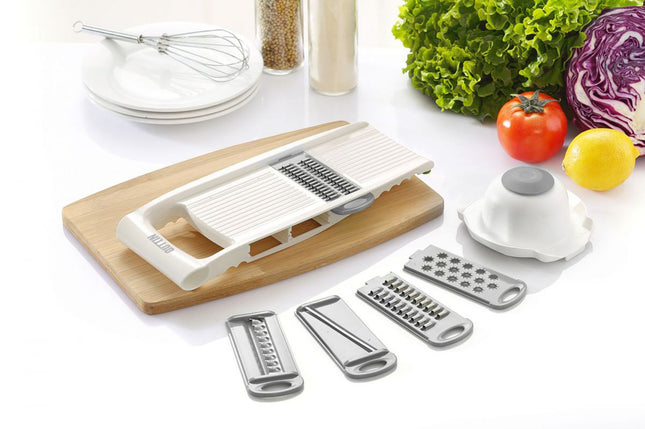 Quttin Mandolina de Cocina 5 en 1 Multifunción con Cuchillas Intercambiables y Protector de Manos, Acero Inoxidable, 28 x 11,3 x 3 cm
