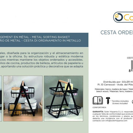 Confortime Cesta de Ordenación Metálica Multiusos de 2 Niveles, Organizador de Metal con Asa de Madera, para Cocina, Baño, Oficina y Escritorio, 27 x 17 x 29 cm