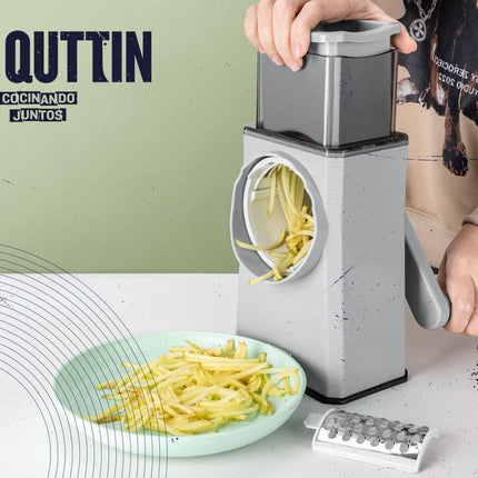 Quttin Cortador de Verduras Multifunción Manual con Manivela, 3 Funciones en 1, Rebanador Rallador y Triturador con Base Antideslizante y Ventosa, 6 Tambores Intercambiables + Cepillo, 21,5 x 14,6 x 28,2 cm