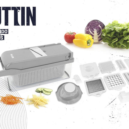 Quttin Cortador de Verduras Multifunción 8 en 1 Mandolina Cocina con Recipiente | Picadora Manual Rallador Rebanador Patatas Zanahoria Cebolla