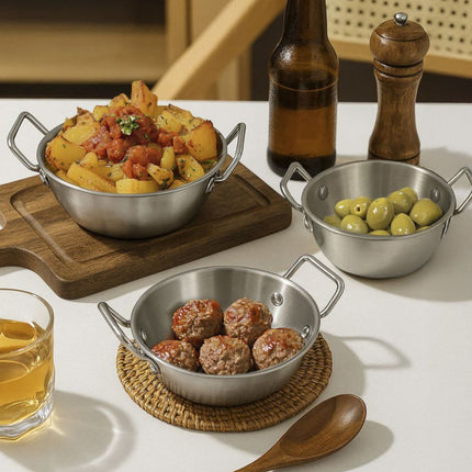 Mini Cazuelita de Acero Inoxidable con Asas, Bol Metálico para Tapas, Aperitivos y Raciones, Ø 12 cm, Recipiente de Servicio para Cocina y Mesa
