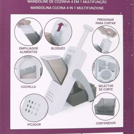 Quttin Mandolina de Cocina 4 en 1 Multifunción con Empujador y Contenedor, Cortador de Verduras con Cuchillas de Acero Inoxidable, 14,5 x 14,5 x 33 cm