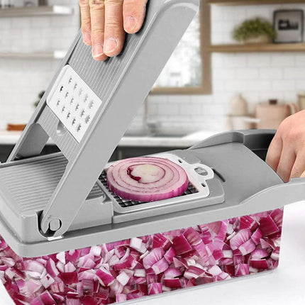 Quttin Cortador de Verduras Multifunción 8 en 1 Mandolina Cocina con Recipiente | Picadora Manual Rallador Rebanador Patatas Zanahoria Cebolla