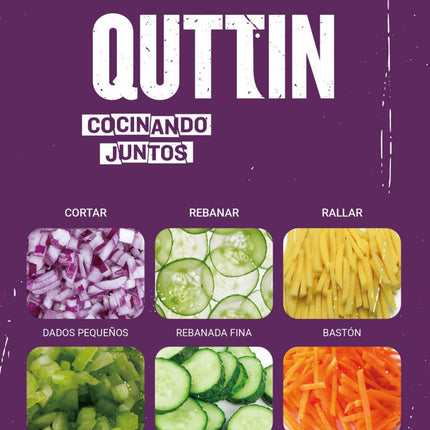 Quttin Mandolina de Cocina 4 en 1 Multifunción con Empujador y Contenedor, Cortador de Verduras con Cuchillas de Acero Inoxidable, 14,5 x 14,5 x 33 cm