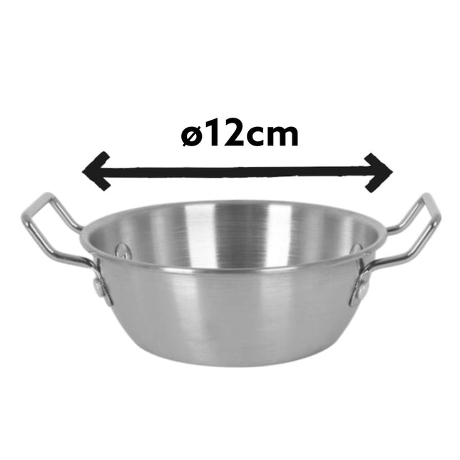 Mini Cazuelita de Acero Inoxidable con Asas, Bol Metálico para Tapas, Aperitivos y Raciones, Ø 12 cm, Recipiente de Servicio para Cocina y Mesa