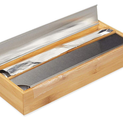 QUTTIN Dispensador de Bambú para Papel de Aluminio y Film Transparente, Organizador de Cocina con Cortador de Acero Inoxidable, 33,5 x 13 x 5,5 cm