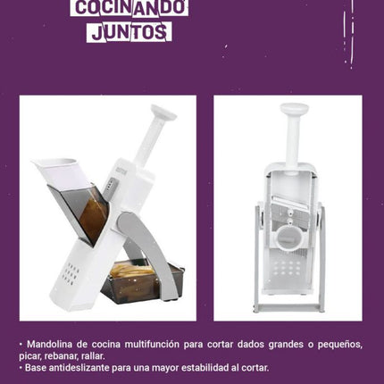 Quttin Mandolina de Cocina 4 en 1 Multifunción con Empujador y Contenedor, Cortador de Verduras con Cuchillas de Acero Inoxidable, 14,5 x 14,5 x 33 cm
