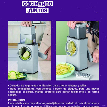 Quttin Cortador de Verduras Multifunción Manual con Manivela, 3 Funciones en 1, Rebanador Rallador y Triturador con Base Antideslizante y Ventosa, 6 Tambores Intercambiables + Cepillo, 21,5 x 14,6 x 28,2 cm
