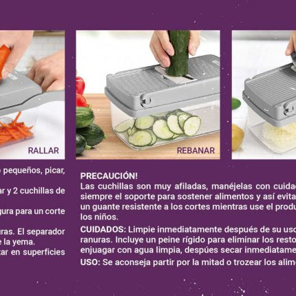 Quttin Cortador de Verduras Multifunción 8 en 1 Mandolina Cocina con Recipiente | Picadora Manual Rallador Rebanador Patatas Zanahoria Cebolla