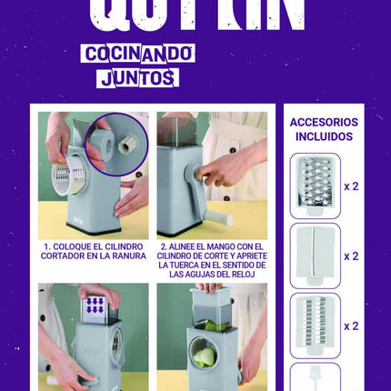 Quttin Cortador de Verduras Multifunción Manual con Manivela, 3 Funciones en 1, Rebanador Rallador y Triturador con Base Antideslizante y Ventosa, 6 Tambores Intercambiables + Cepillo, 21,5 x 14,6 x 28,2 cm