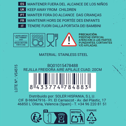 QUTTIN Rejilla Cuadrada Apilable para Freidora de Aire, Accesorio Air Fryer de Acero Inoxidable, 20 x 20 x 4 cm, Resistente hasta 180 °C