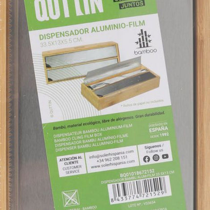 QUTTIN Dispensador de Bambú para Papel de Aluminio y Film Transparente, Organizador de Cocina con Cortador de Acero Inoxidable, 33,5 x 13 x 5,5 cm