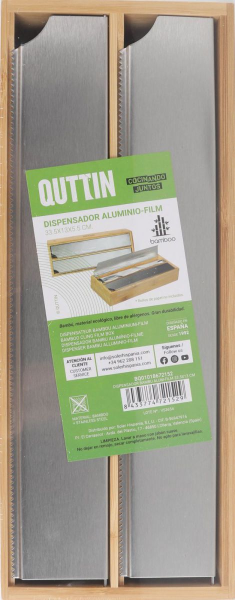 QUTTIN Dispensador de Bambú para Papel de Aluminio y Film Transparente, Organizador de Cocina con Cortador de Acero Inoxidable, 33,5 x 13 x 5,5 cm