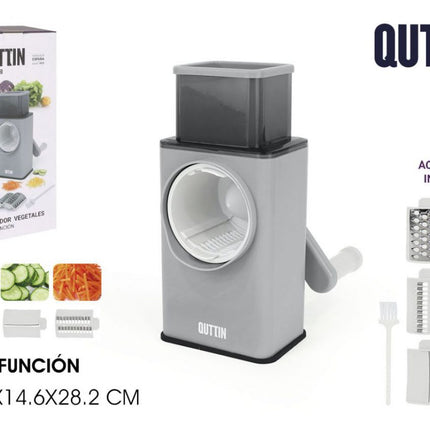 Quttin Cortador de Verduras Multifunción Manual con Manivela, 3 Funciones en 1, Rebanador Rallador y Triturador con Base Antideslizante y Ventosa, 6 Tambores Intercambiables + Cepillo, 21,5 x 14,6 x 28,2 cm
