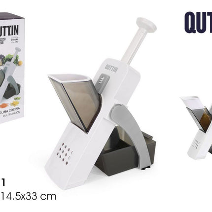 Quttin Mandolina de Cocina 4 en 1 Multifunción con Empujador y Contenedor, Cortador de Verduras con Cuchillas de Acero Inoxidable, 14,5 x 14,5 x 33 cm
