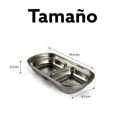MY BAR Bandeja de Acero Inoxidable con 2 Compartimentos, Plato para Aperitivos, Tapas, Aceitunas, Frutos Secos y Salsas, 15,8 x 8,5 x 2,5 cm