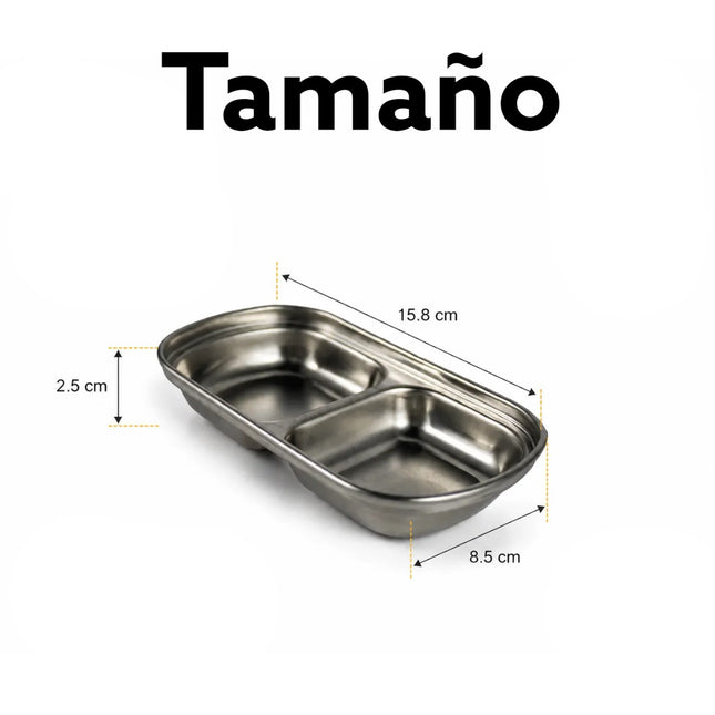 MY BAR Bandeja de Acero Inoxidable con 2 Compartimentos, Plato para Aperitivos, Tapas, Aceitunas, Frutos Secos y Salsas, 15,8 x 8,5 x 2,5 cm