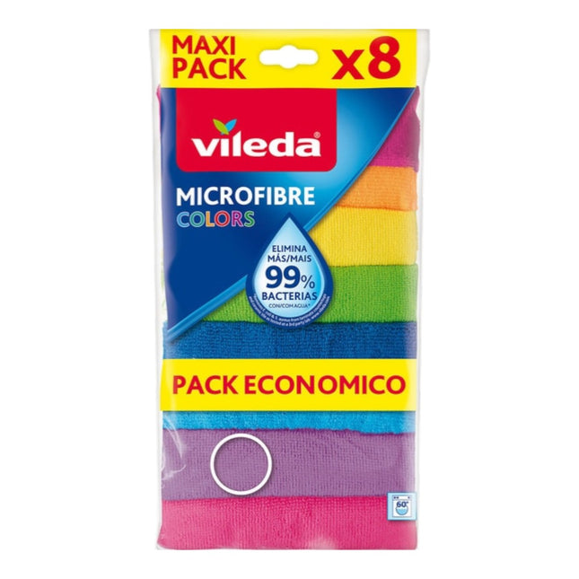 Vileda Bayetas Microfibra Colors Maxi Pack x8 – Paños de Limpieza Multicolor, Eliminan 99% de Bacterias con Agua, Multiusos Hogar y Cocina