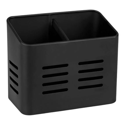 Escurre cubiertos y utensilios de cocina negro 2 compartimentos, organizador para fregadero con ranuras de drenaje, porta cubiertos de plástico 16x9x13,5 cm para encimera y fregadero
