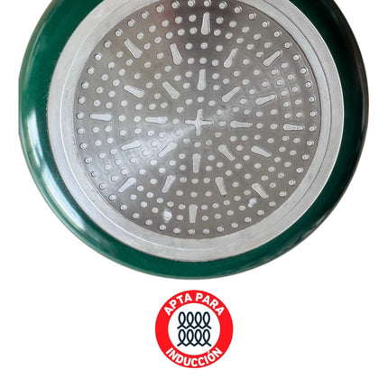 Sartén cerámica para inducción, aluminio con recubrimiento interior cerámico antiadherente, mango ergonómico verde, apta gas vitro y eléctrica Ø24 cm de diámetro