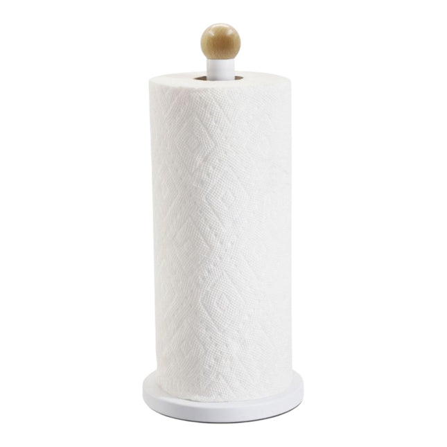 Portarrollos de cocina blanco y madera, soporte vertical para toallas de papel de cocins, diseño nórdico con base estable para rollo de cocina estándar Ø15x34 cm de alto