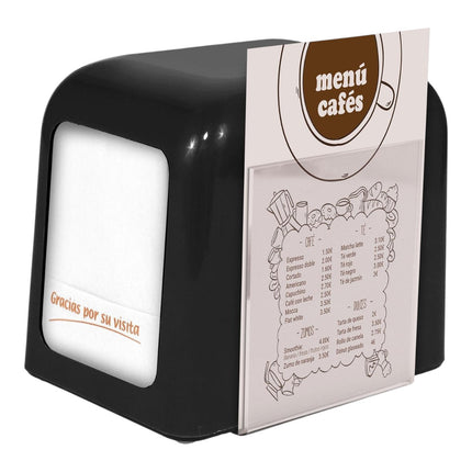 Servilletero rojo/negro de sobremesa con portamenús frontal transparente, dispensador de servilletas tipo bar para cafeterías, restaurantes y hogares, diseño compacto, resistente y fácil de rellenar